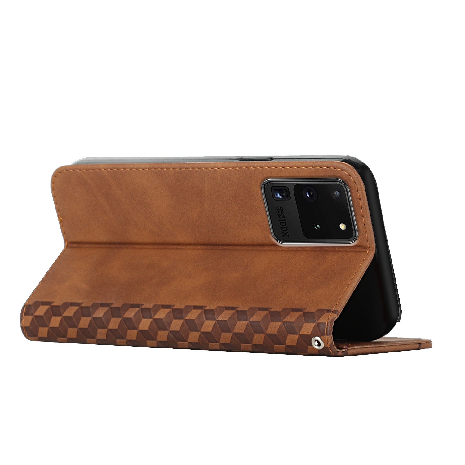 Skin-touch Feel Geometric Pattern Magnetic Absorption Leather Case Stand Wallet Shell for Samsung Galaxy S20 Ultra - Brown