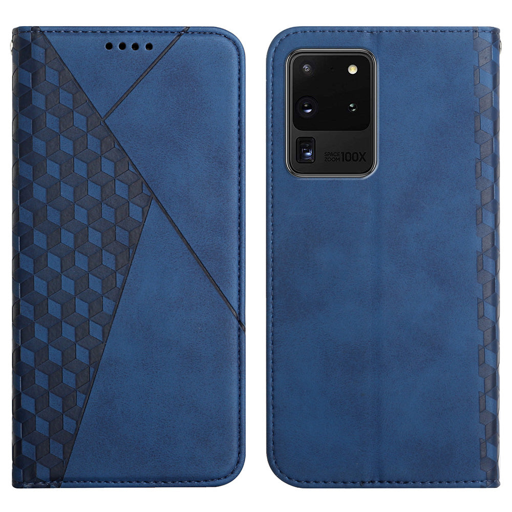 Skin-touch Feel Geometric Pattern Magnetic Absorption Leather Case Stand Wallet Shell for Samsung Galaxy S20 Ultra - Blue