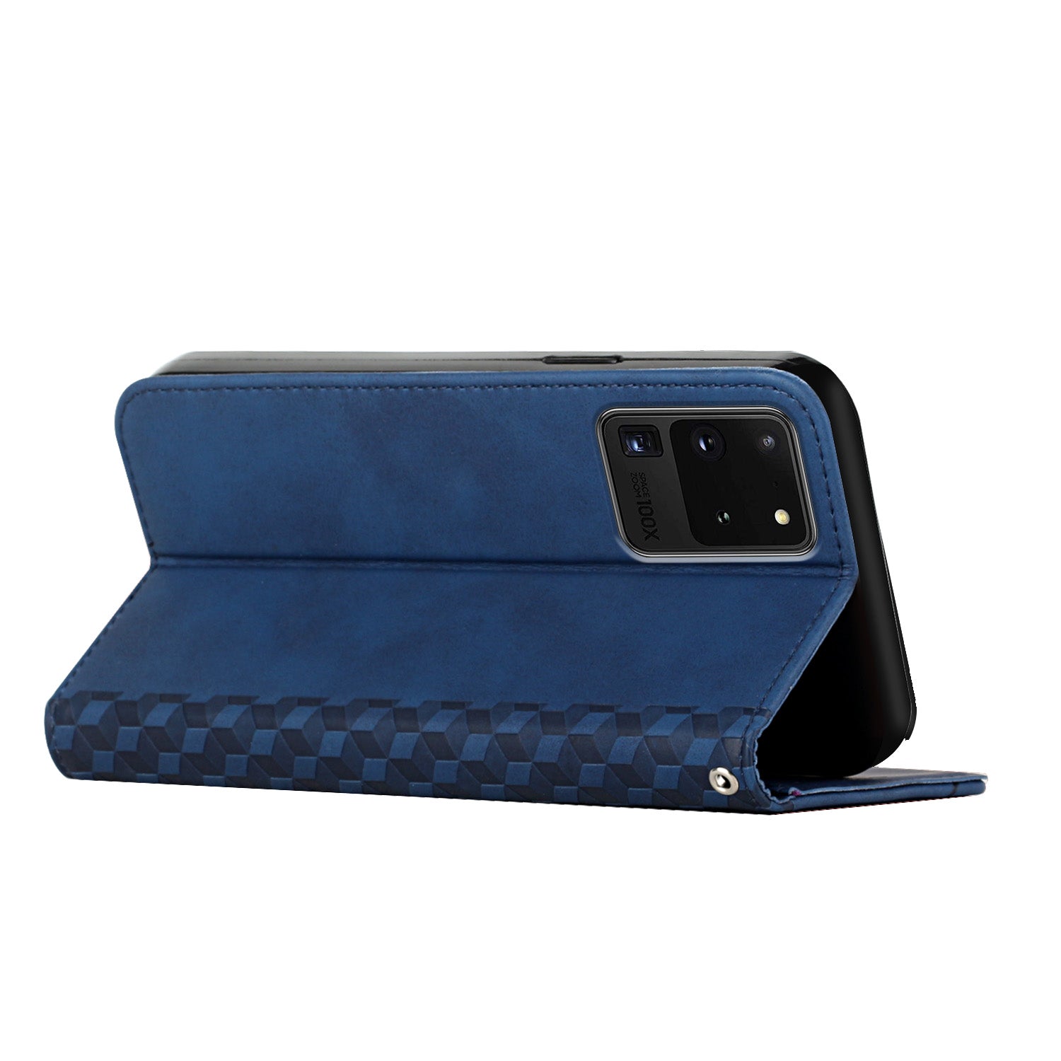 Skin-touch Feel Geometric Pattern Magnetic Absorption Leather Case Stand Wallet Shell for Samsung Galaxy S20 Ultra - Blue