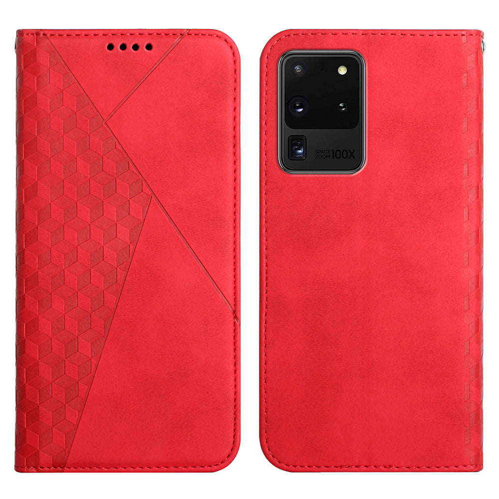 Skin-touch Feel Geometric Pattern Magnetic Absorption Leather Case Stand Wallet Shell for Samsung Galaxy S20 Ultra - Red