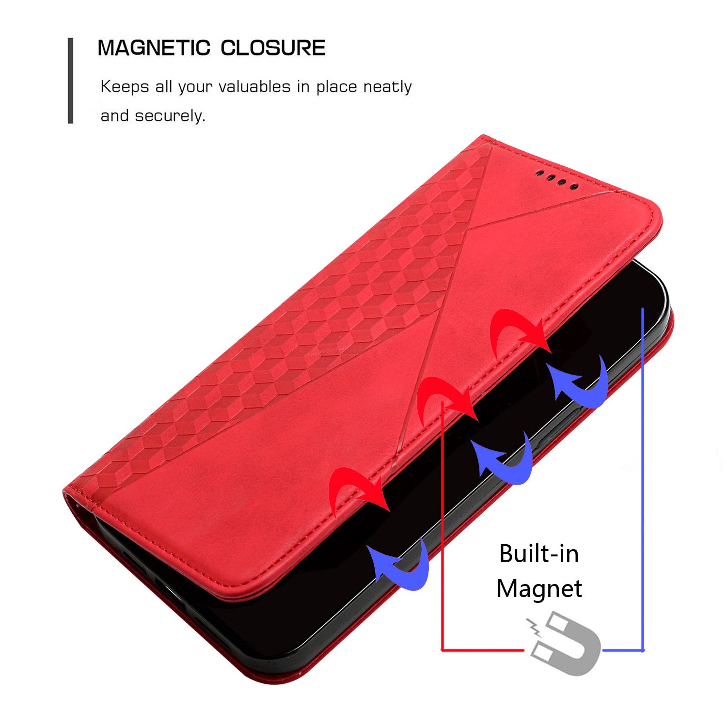 Skin-touch Feel Geometric Pattern Magnetic Absorption Leather Case Stand Wallet Shell for Samsung Galaxy S20 Ultra - Red