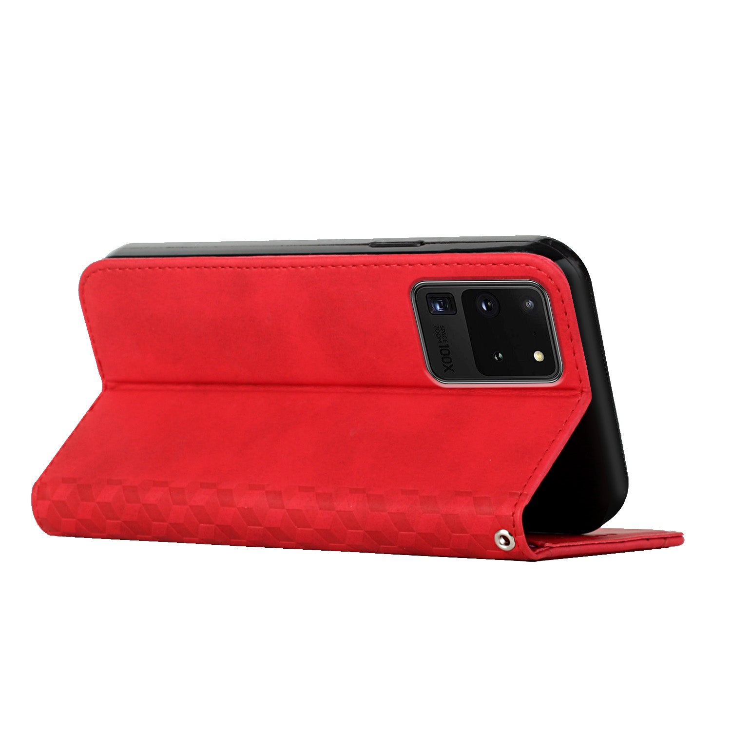 Skin-touch Feel Geometric Pattern Magnetic Absorption Leather Case Stand Wallet Shell for Samsung Galaxy S20 Ultra - Red