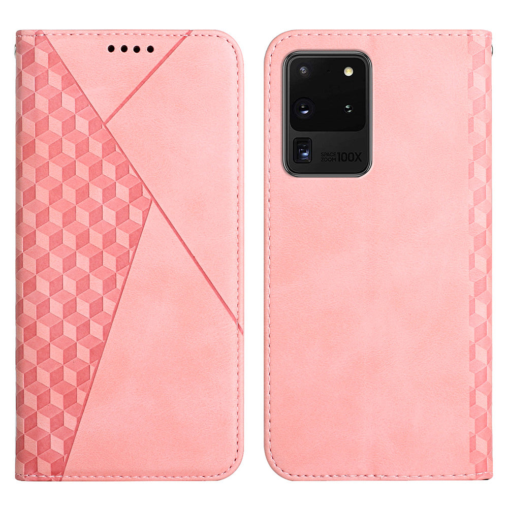 Skin-touch Feel Geometric Pattern Magnetic Absorption Leather Case Stand Wallet Shell for Samsung Galaxy S20 Ultra - Rose Gold