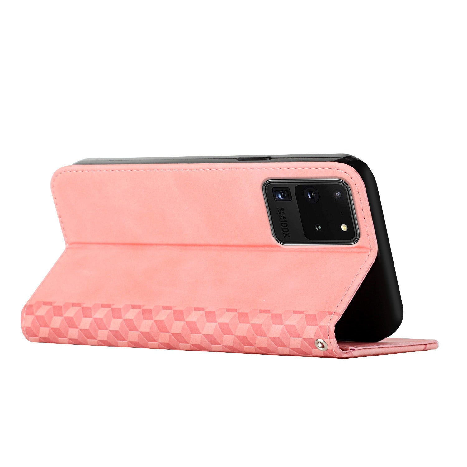 Skin-touch Feel Geometric Pattern Magnetic Absorption Leather Case Stand Wallet Shell for Samsung Galaxy S20 Ultra - Rose Gold