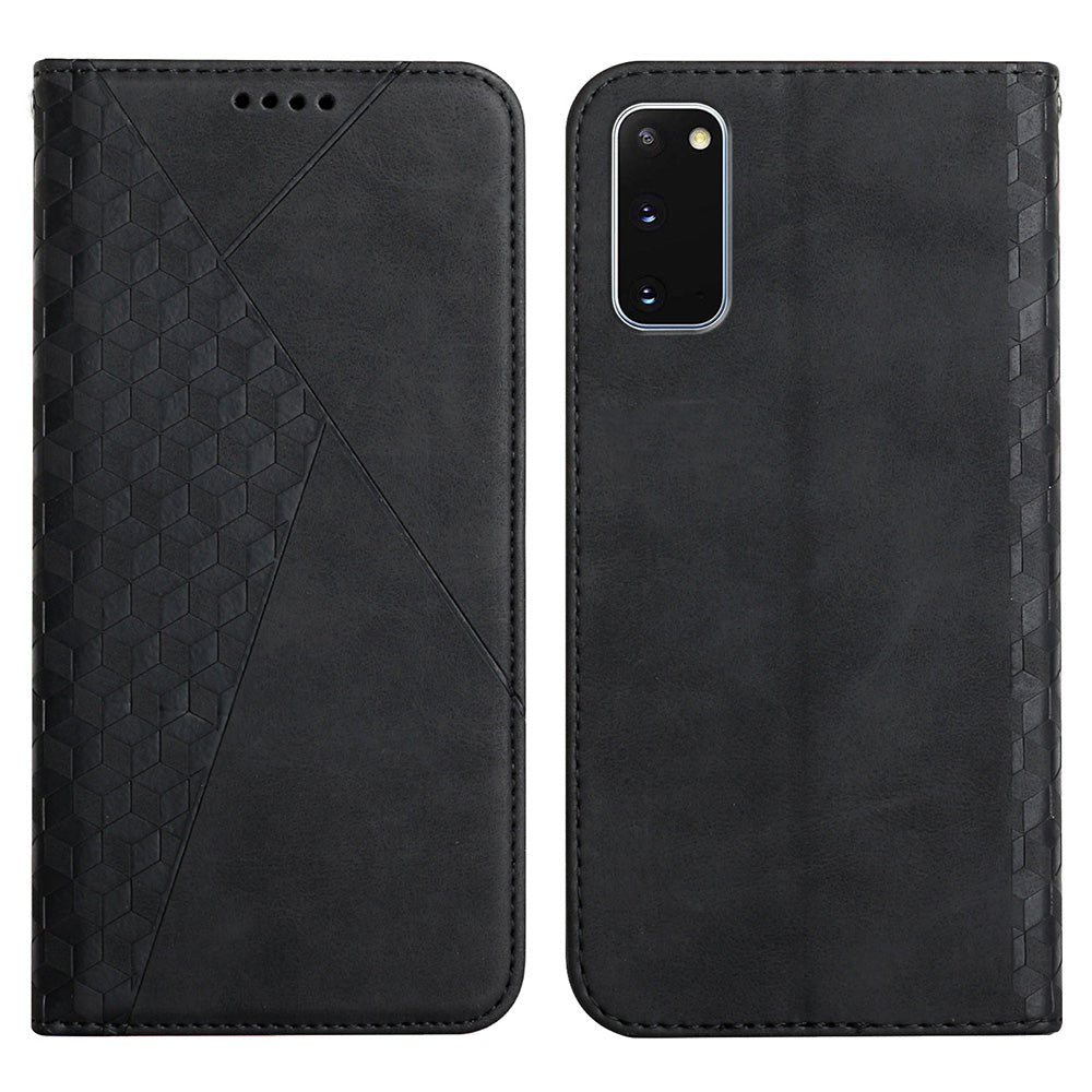 Rhombus Pattern Auto-absorbed Skin-touch Full-Protection Leather Wallet Cell Phone Stand Cover Case for Samsung Galaxy S20 4G/S20 5G - Black