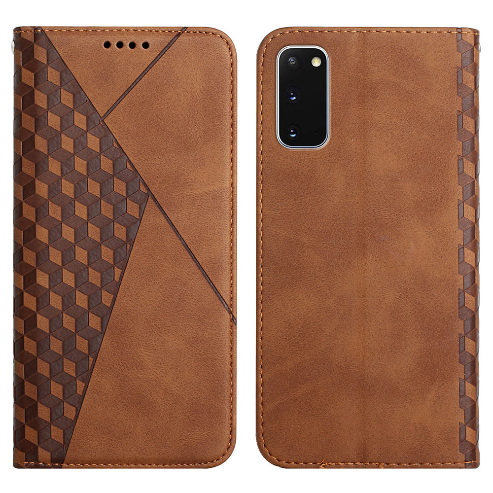 Rhombus Pattern Auto-absorbed Skin-touch Full-Protection Leather Wallet Cell Phone Stand Cover Case for Samsung Galaxy S20 4G/S20 5G - Brown