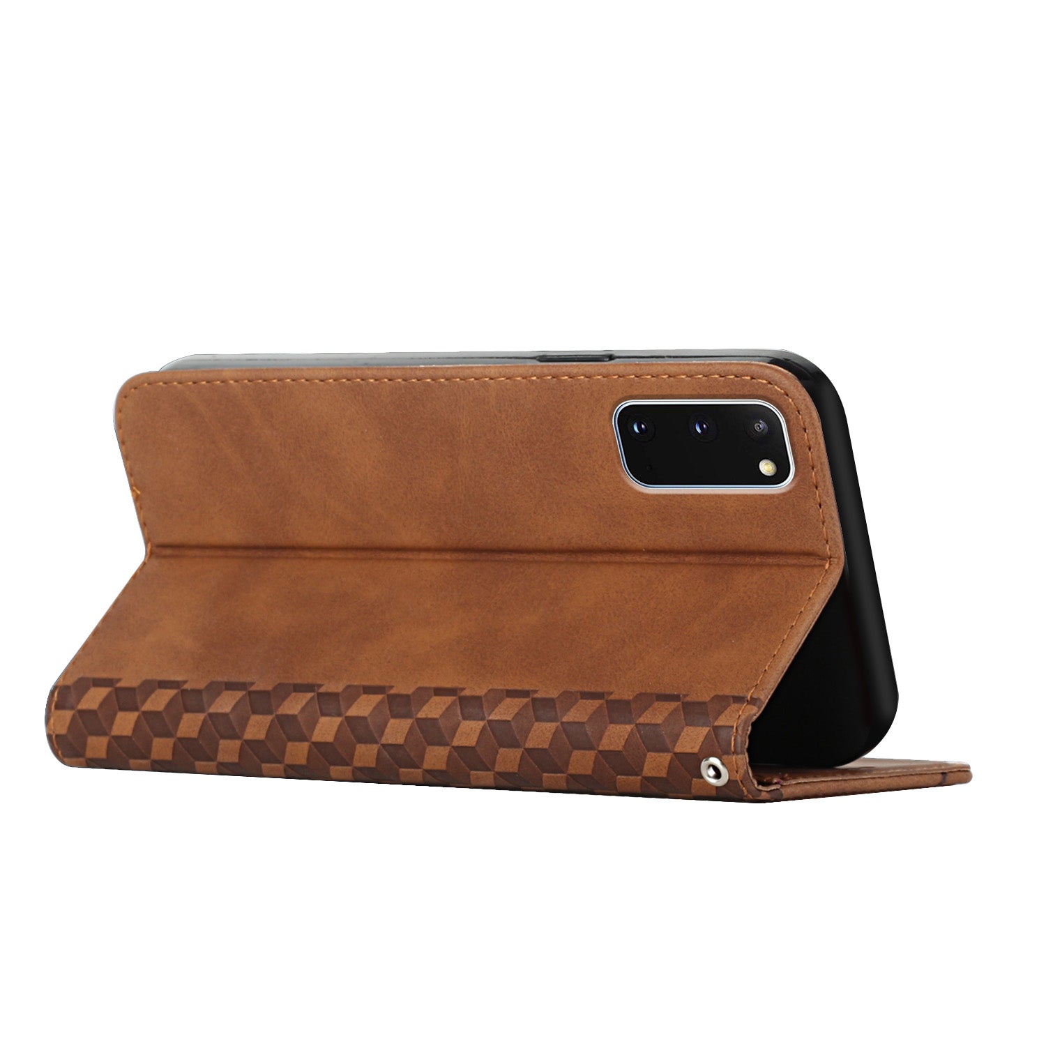 Rhombus Pattern Auto-absorbed Skin-touch Full-Protection Leather Wallet Cell Phone Stand Cover Case for Samsung Galaxy S20 4G/S20 5G - Brown