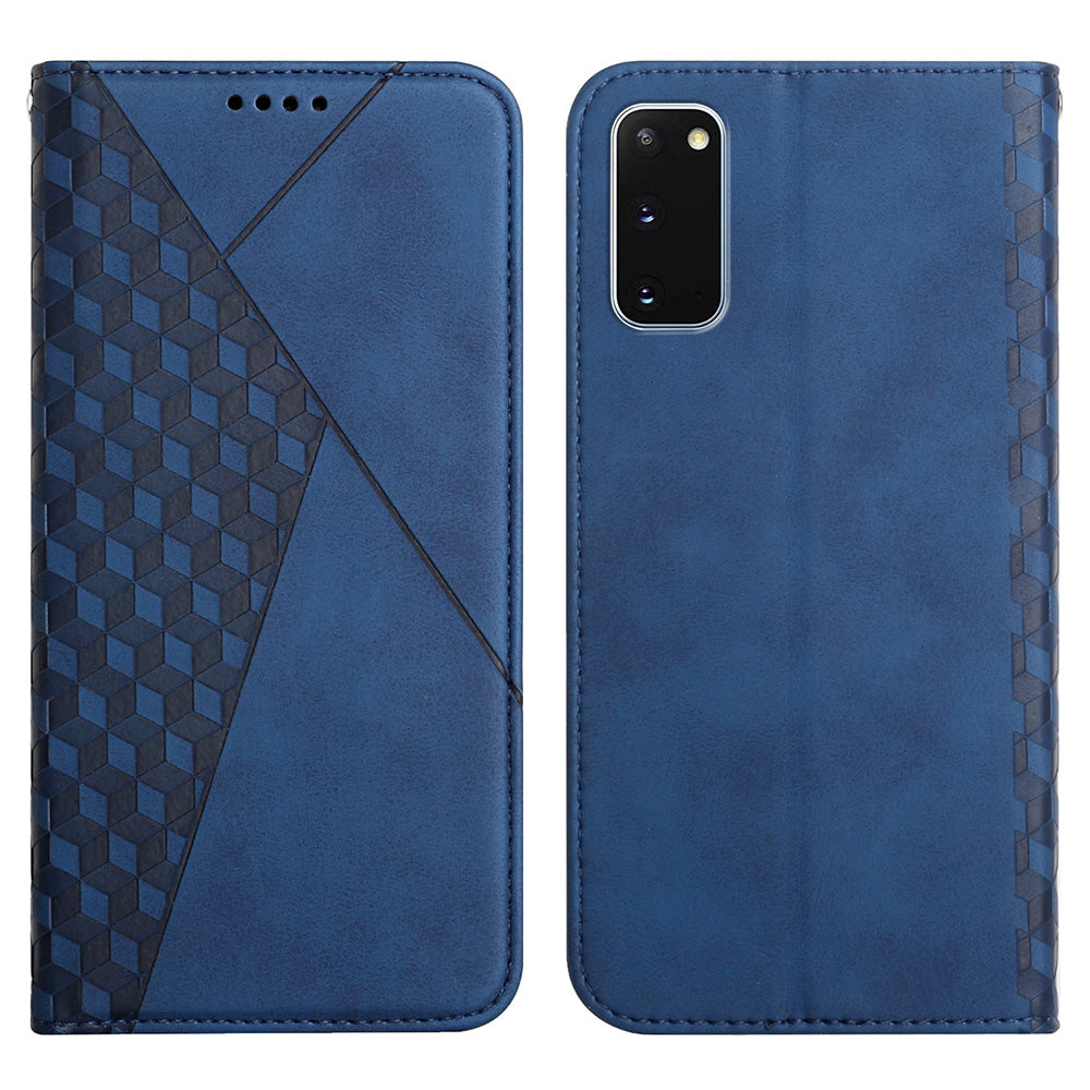 Rhombus Pattern Auto-absorbed Skin-touch Full-Protection Leather Wallet Cell Phone Stand Cover Case for Samsung Galaxy S20 4G/S20 5G - Blue