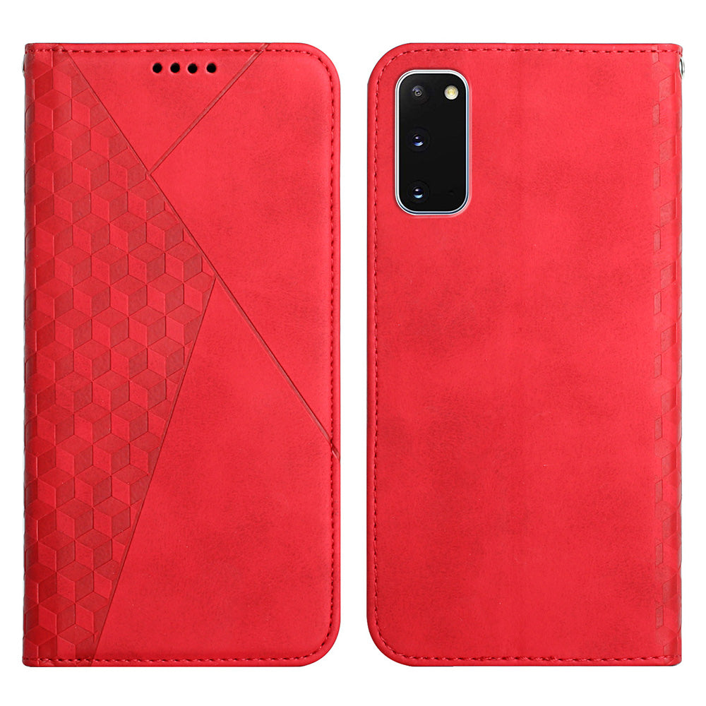 Rhombus Pattern Auto-absorbed Skin-touch Full-Protection Leather Wallet Cell Phone Stand Cover Case for Samsung Galaxy S20 4G/S20 5G - Red