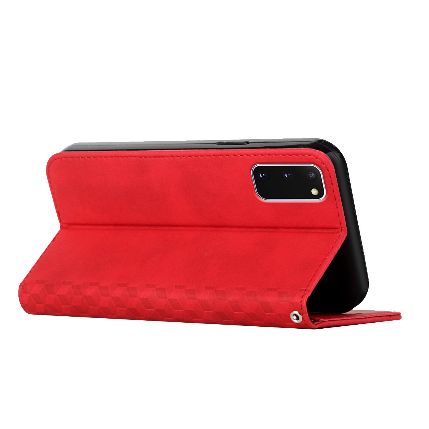 Rhombus Pattern Auto-absorbed Skin-touch Full-Protection Leather Wallet Cell Phone Stand Cover Case for Samsung Galaxy S20 4G/S20 5G - Red