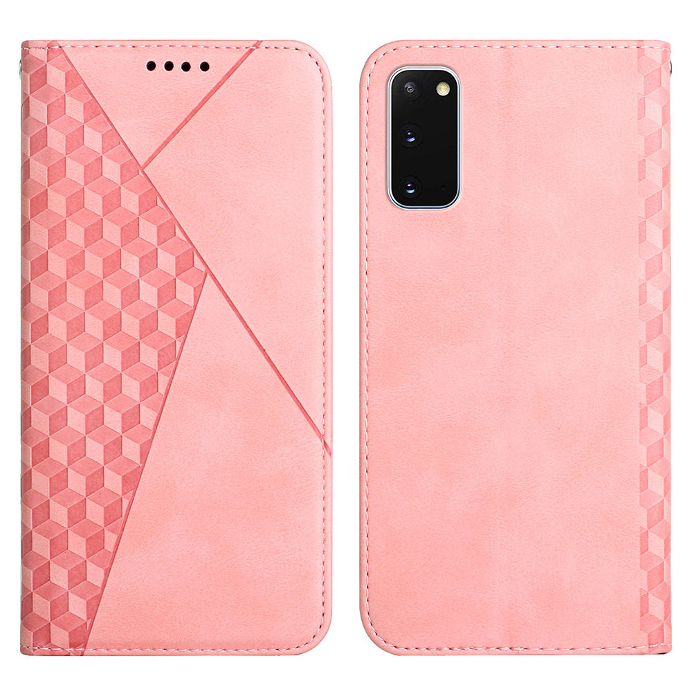 Rhombus Pattern Auto-absorbed Skin-touch Full-Protection Leather Wallet Cell Phone Stand Cover Case for Samsung Galaxy S20 4G/S20 5G - Rose Gold