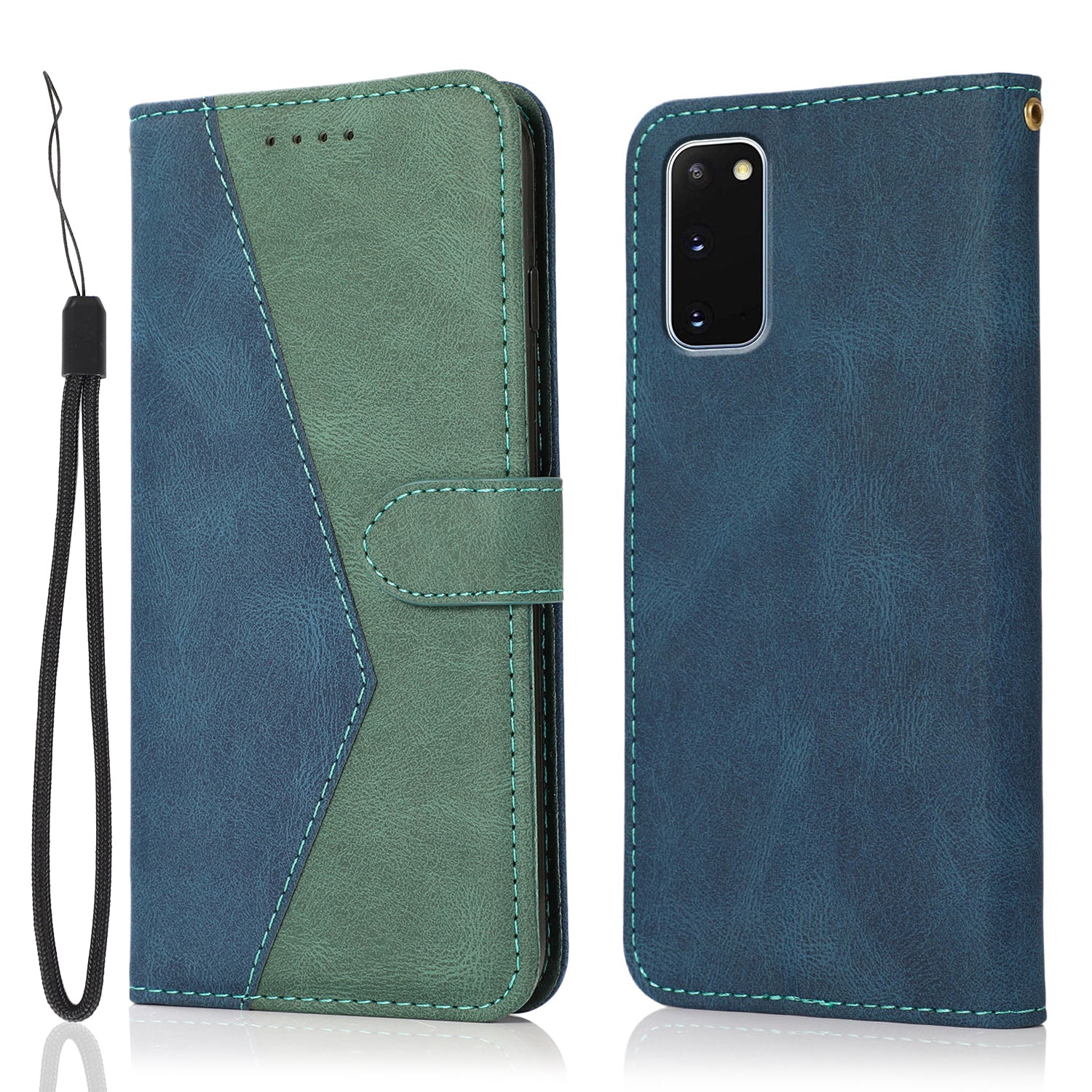 Color Splicing Design PU Leather Cell Phone Full-Protection Wallet Stand Case Shell with Lanyard for Samsung Galaxy S20 4G/S20 5G - Blue/Green