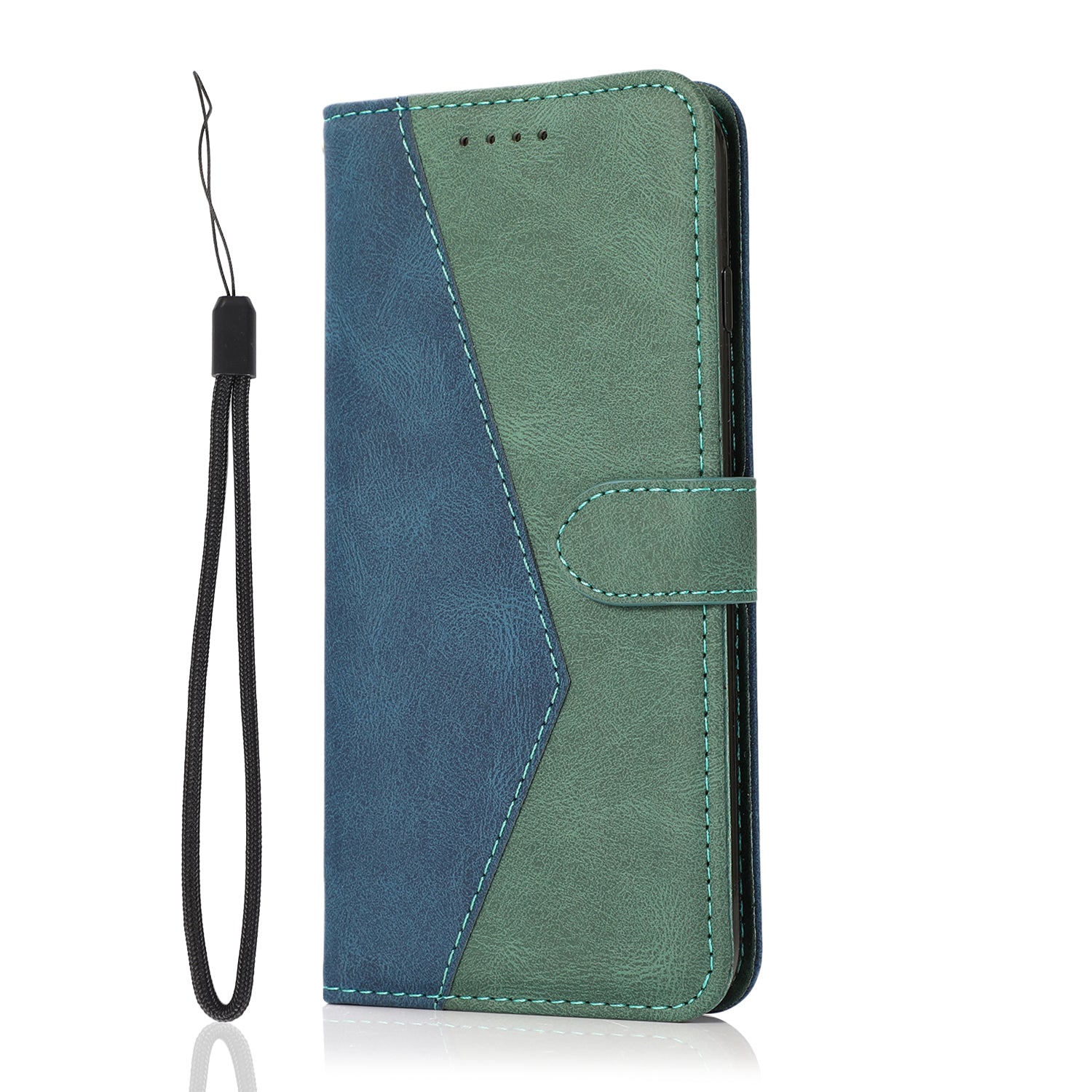 Color Splicing Design PU Leather Cell Phone Full-Protection Wallet Stand Case Shell with Lanyard for Samsung Galaxy S20 4G/S20 5G - Blue/Green