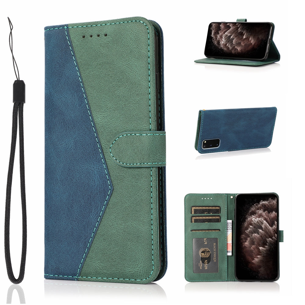 Color Splicing Design PU Leather Cell Phone Full-Protection Wallet Stand Case Shell with Lanyard for Samsung Galaxy S20 4G/S20 5G - Blue/Green