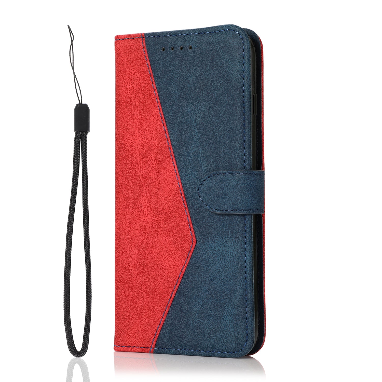 Color Splicing Design PU Leather Cell Phone Full-Protection Wallet Stand Case Shell with Lanyard for Samsung Galaxy S20 4G/S20 5G - Red/Blue