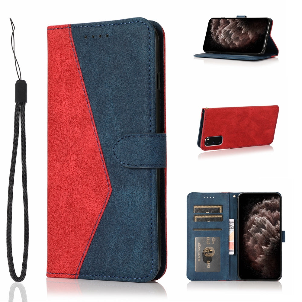 Color Splicing Design PU Leather Cell Phone Full-Protection Wallet Stand Case Shell with Lanyard for Samsung Galaxy S20 4G/S20 5G - Red/Blue