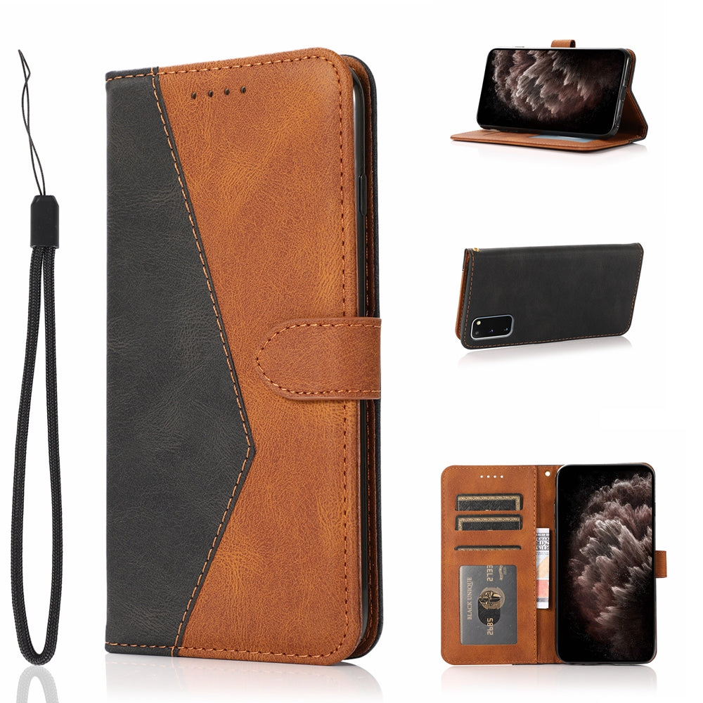 Color Splicing Design PU Leather Cell Phone Full-Protection Wallet Stand Case Shell with Lanyard for Samsung Galaxy S20 4G/S20 5G - Black/Brown