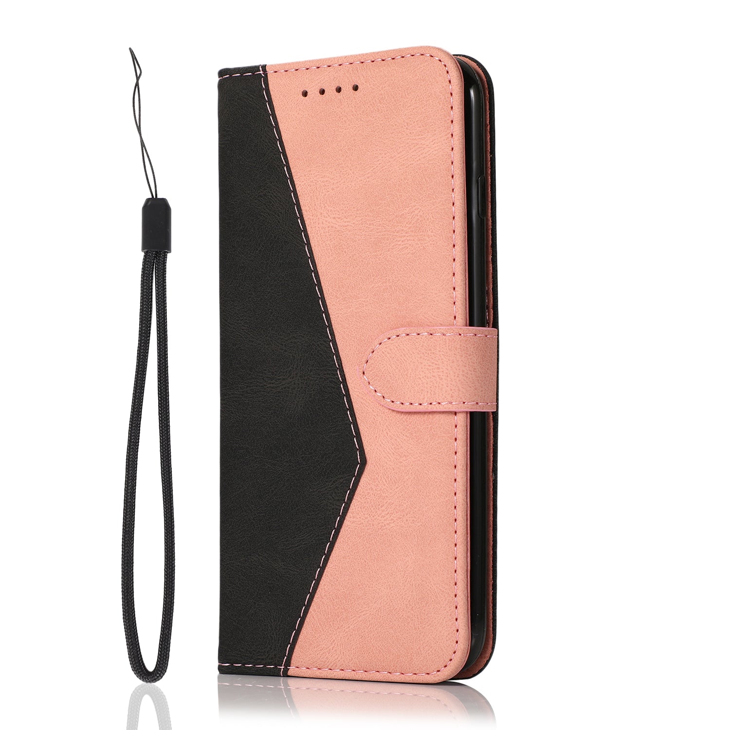 Color Splicing Design PU Leather Cell Phone Full-Protection Wallet Stand Case Shell with Lanyard for Samsung Galaxy S20 4G/S20 5G - Black/Rose Gold