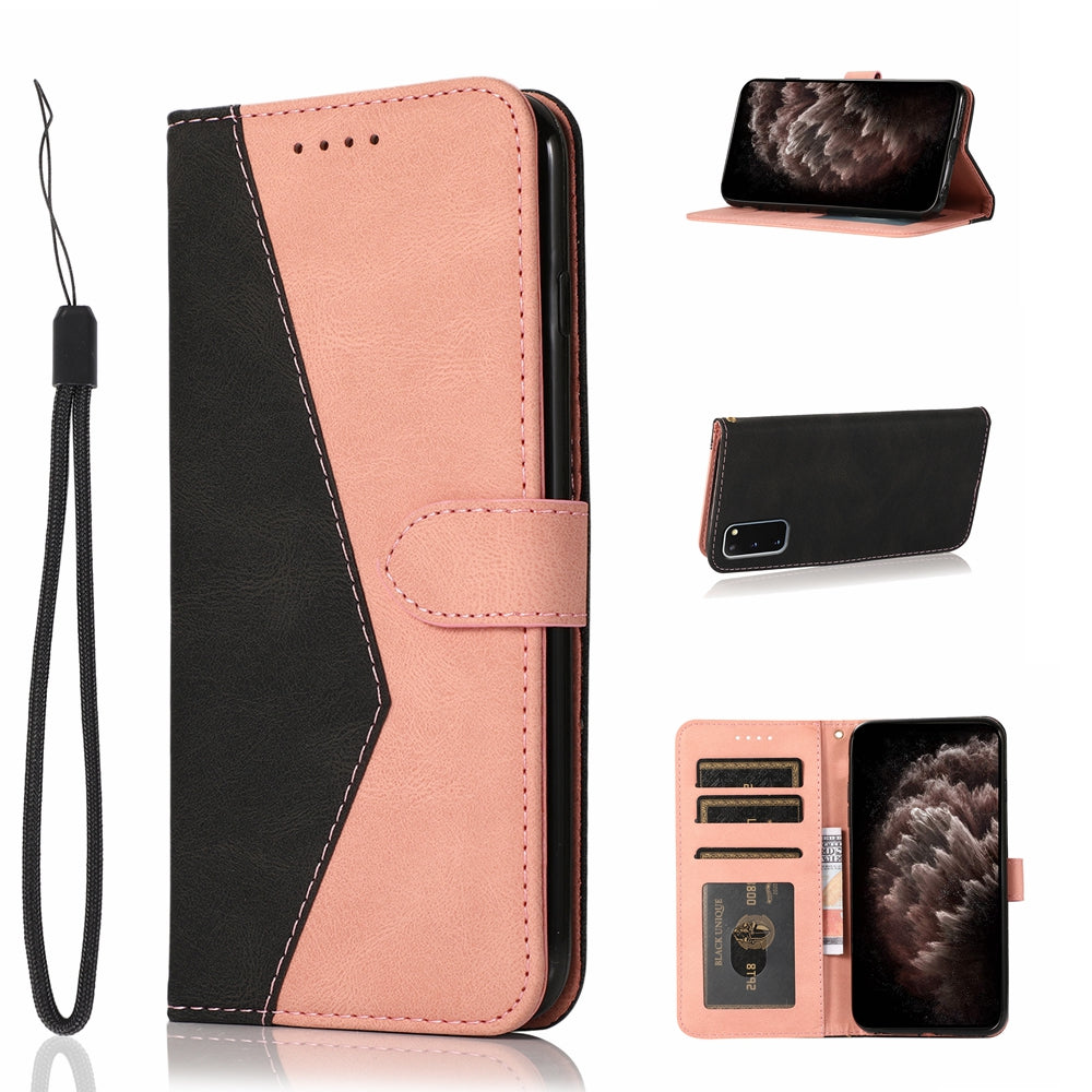 Color Splicing Design PU Leather Cell Phone Full-Protection Wallet Stand Case Shell with Lanyard for Samsung Galaxy S20 4G/S20 5G - Black/Rose Gold