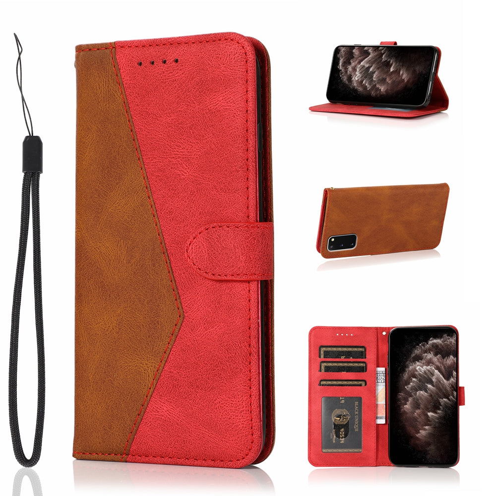 Color Splicing Design PU Leather Cell Phone Full-Protection Wallet Stand Case Shell with Lanyard for Samsung Galaxy S20 4G/S20 5G - Brown/Red