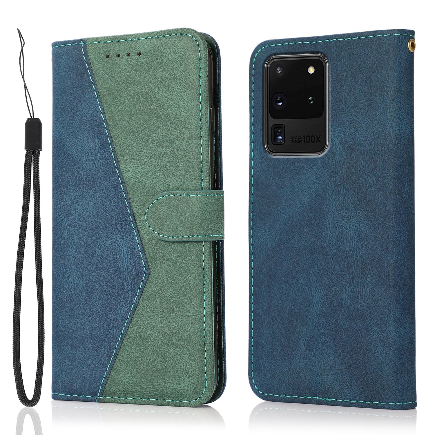 Anti-Drop Dual Color Anti-Scratch Wallet Design Leather Phone Case with Stand and Strap for Samsung Galaxy S20 Ultra - Blue/Green