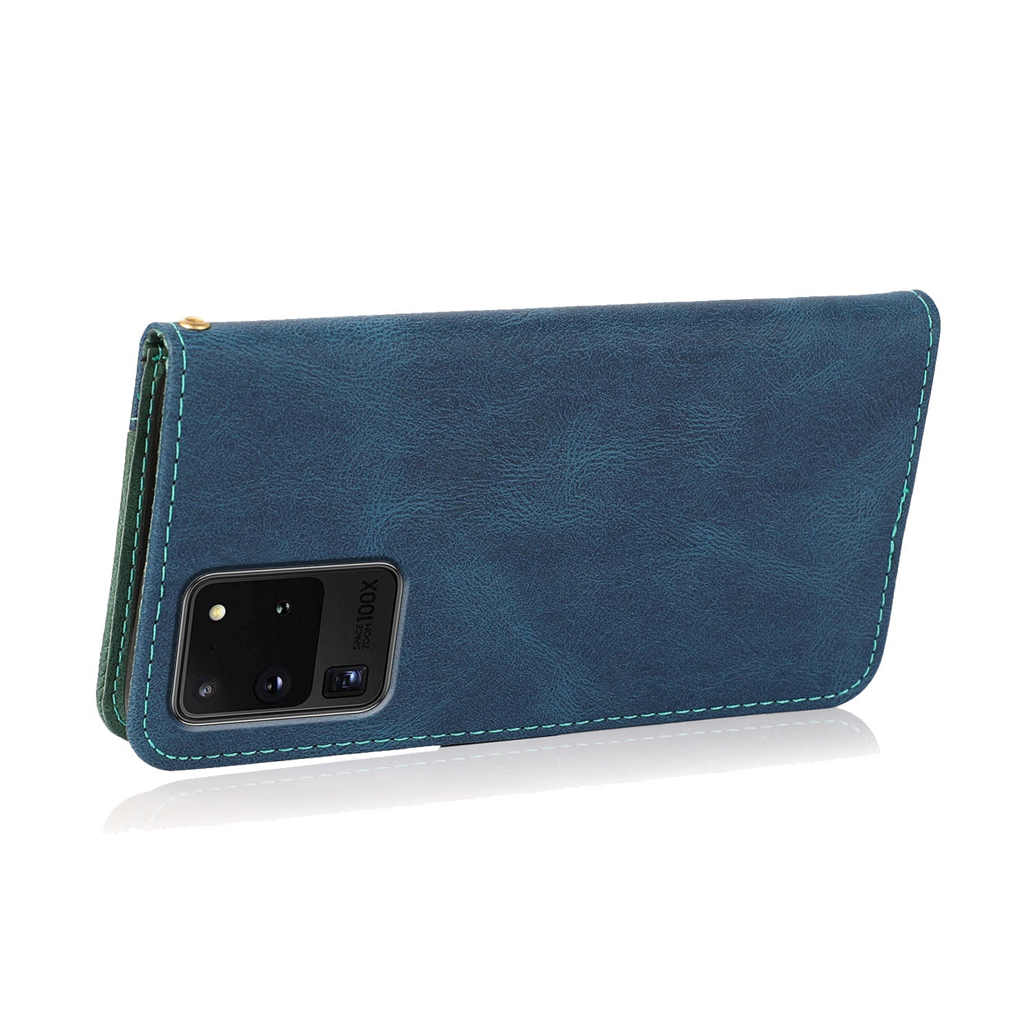 Anti-Drop Dual Color Anti-Scratch Wallet Design Leather Phone Case with Stand and Strap for Samsung Galaxy S20 Ultra - Blue/Green