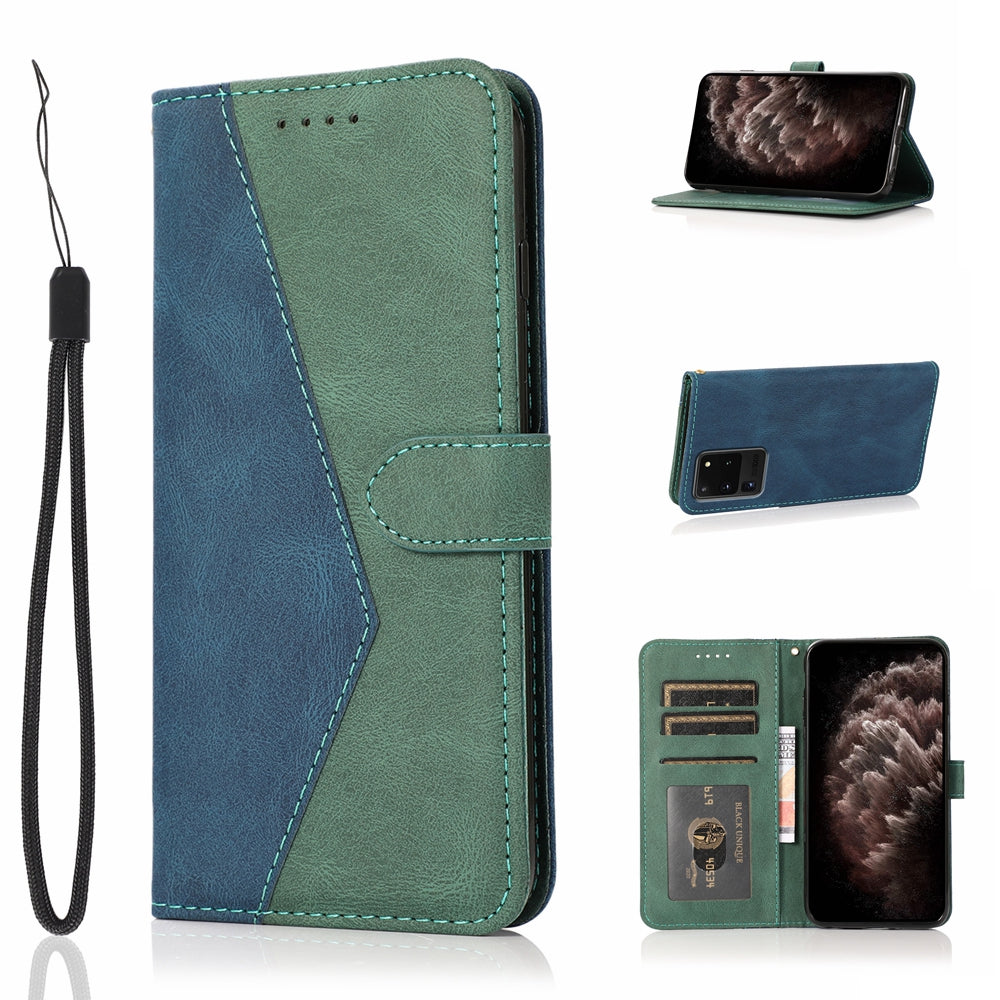 Anti-Drop Dual Color Anti-Scratch Wallet Design Leather Phone Case with Stand and Strap for Samsung Galaxy S20 Ultra - Blue/Green