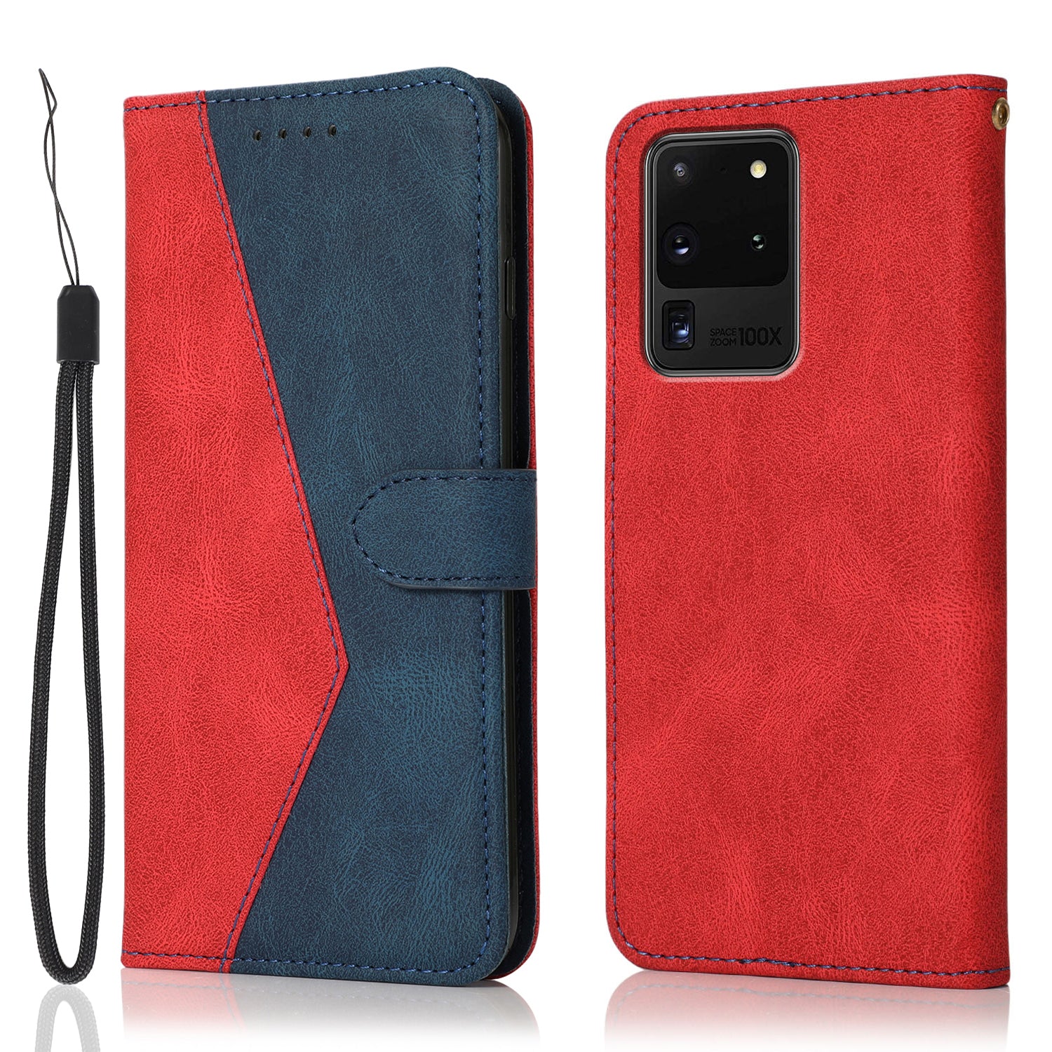 Anti-Drop Dual Color Anti-Scratch Wallet Design Leather Phone Case with Stand and Strap for Samsung Galaxy S20 Ultra - Red/Blue