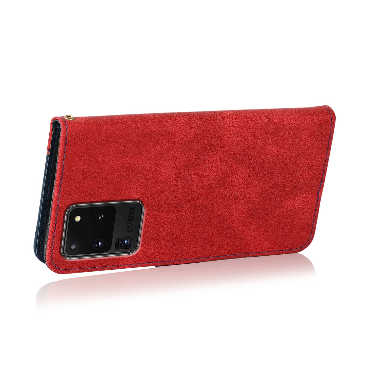 Anti-Drop Dual Color Anti-Scratch Wallet Design Leather Phone Case with Stand and Strap for Samsung Galaxy S20 Ultra - Red/Blue