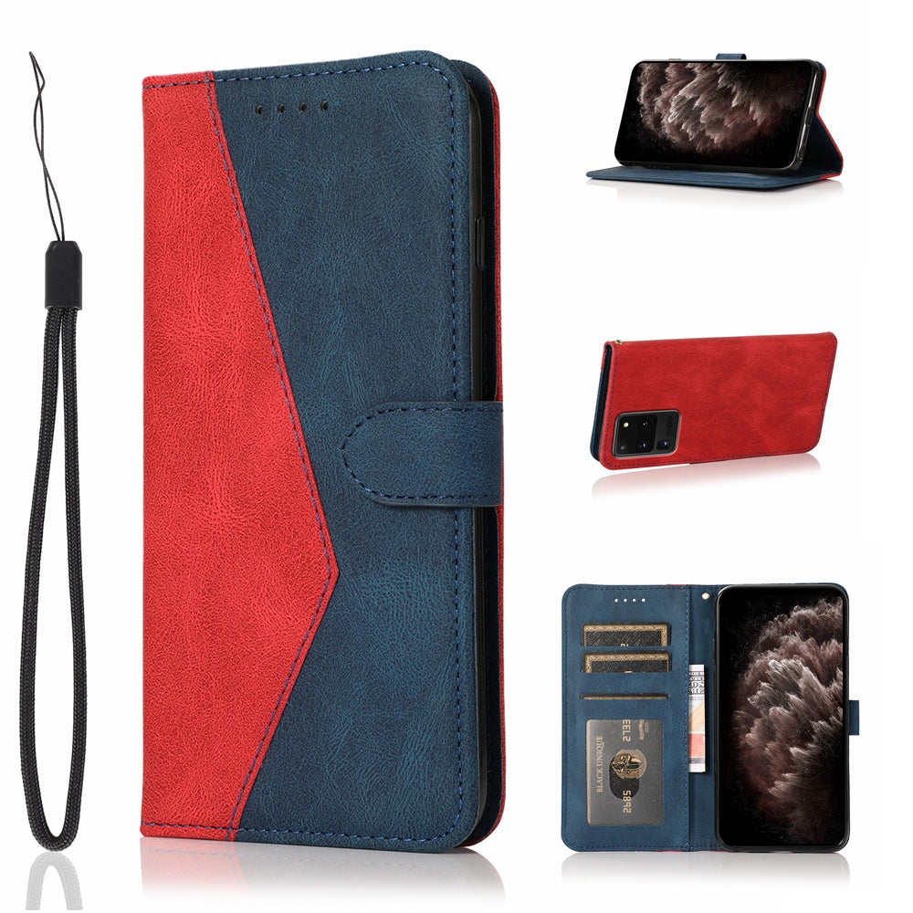 Anti-Drop Dual Color Anti-Scratch Wallet Design Leather Phone Case with Stand and Strap for Samsung Galaxy S20 Ultra - Red/Blue