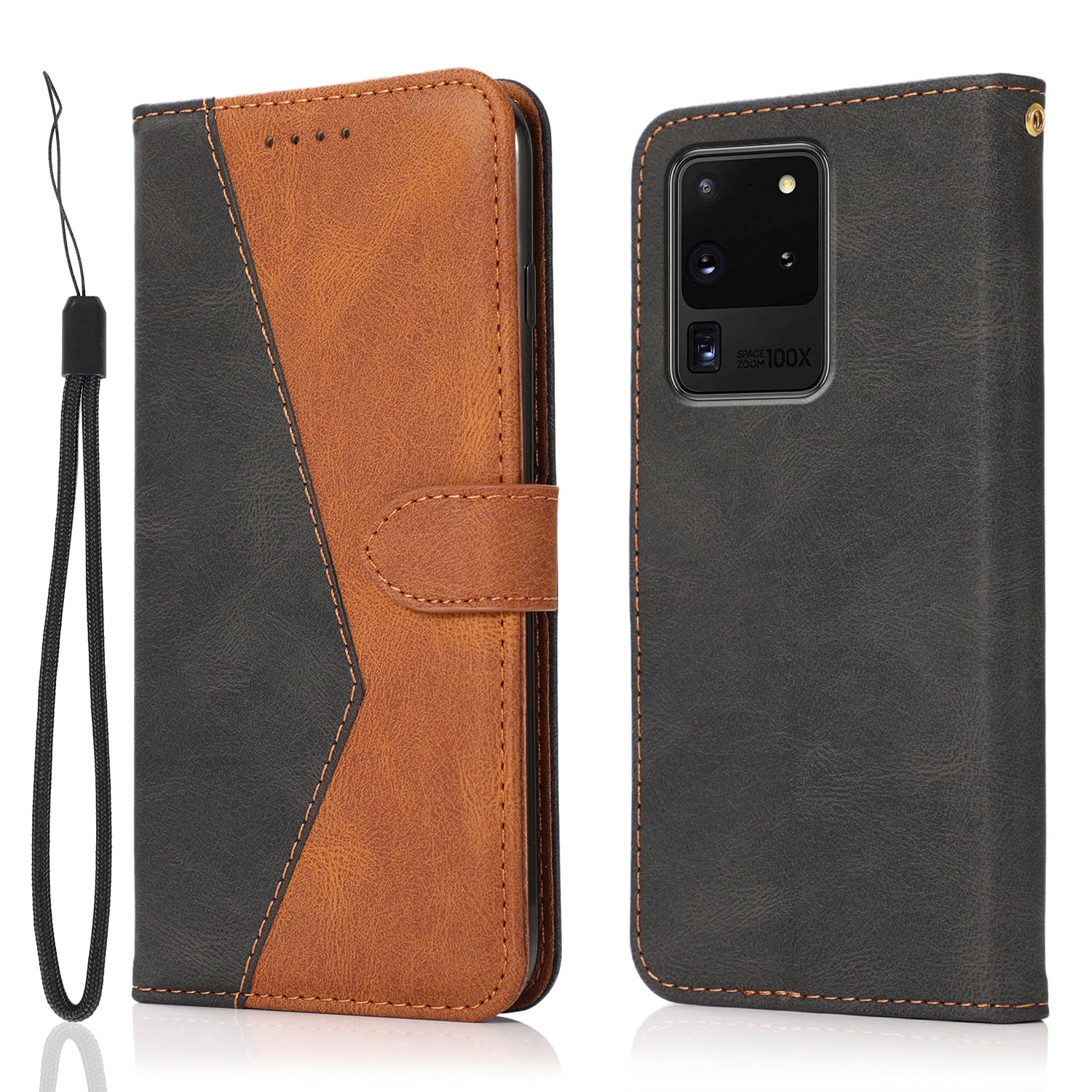 Anti-Drop Dual Color Anti-Scratch Wallet Design Leather Phone Case with Stand and Strap for Samsung Galaxy S20 Ultra - Black/Brown