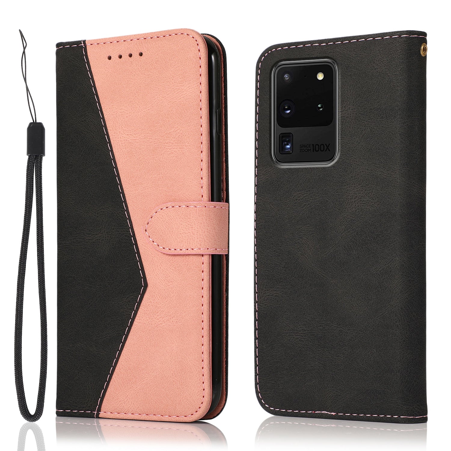 Anti-Drop Dual Color Anti-Scratch Wallet Design Leather Phone Case with Stand and Strap for Samsung Galaxy S20 Ultra - Black/Rose Gold