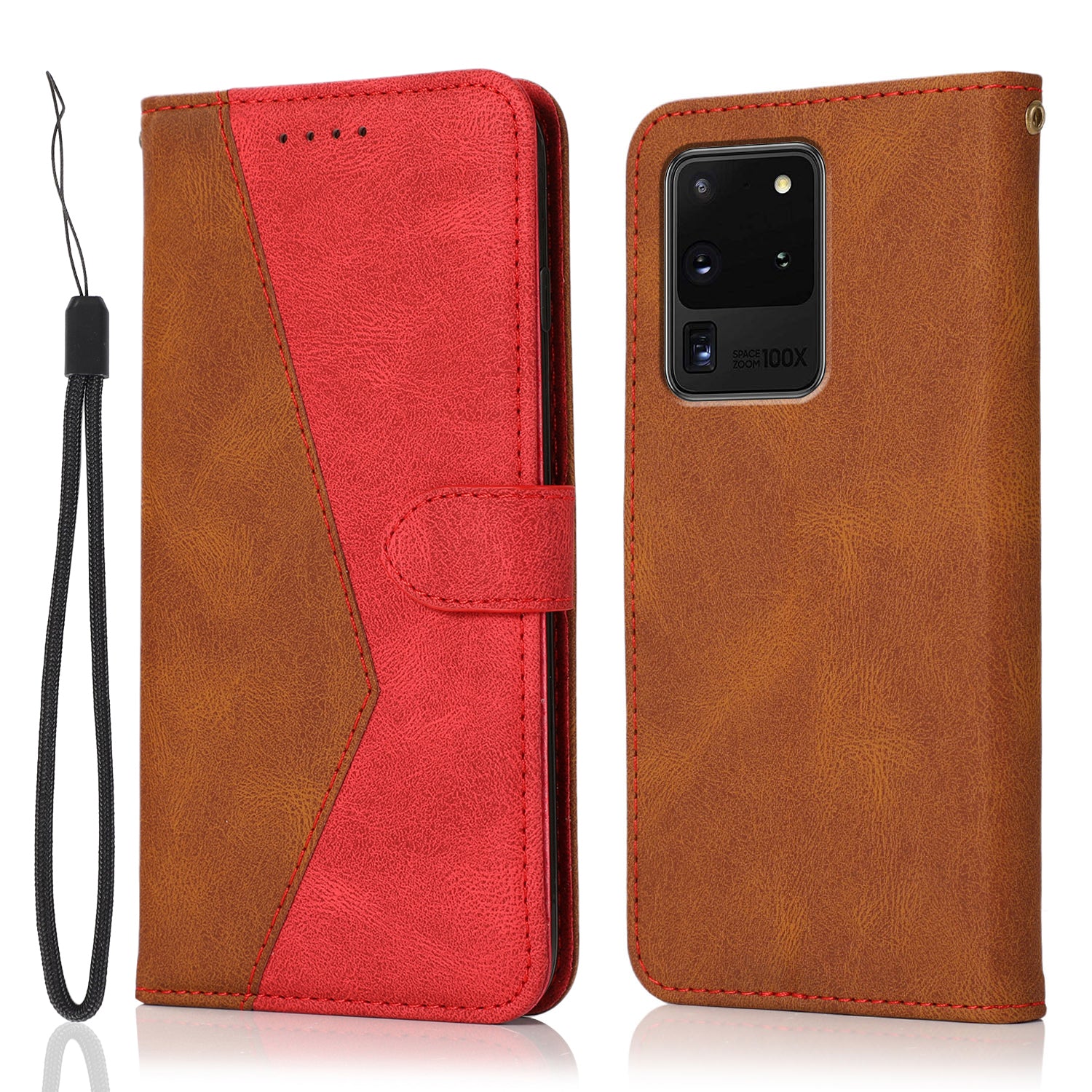 Anti-Drop Dual Color Anti-Scratch Wallet Design Leather Phone Case with Stand and Strap for Samsung Galaxy S20 Ultra - Brown/Red