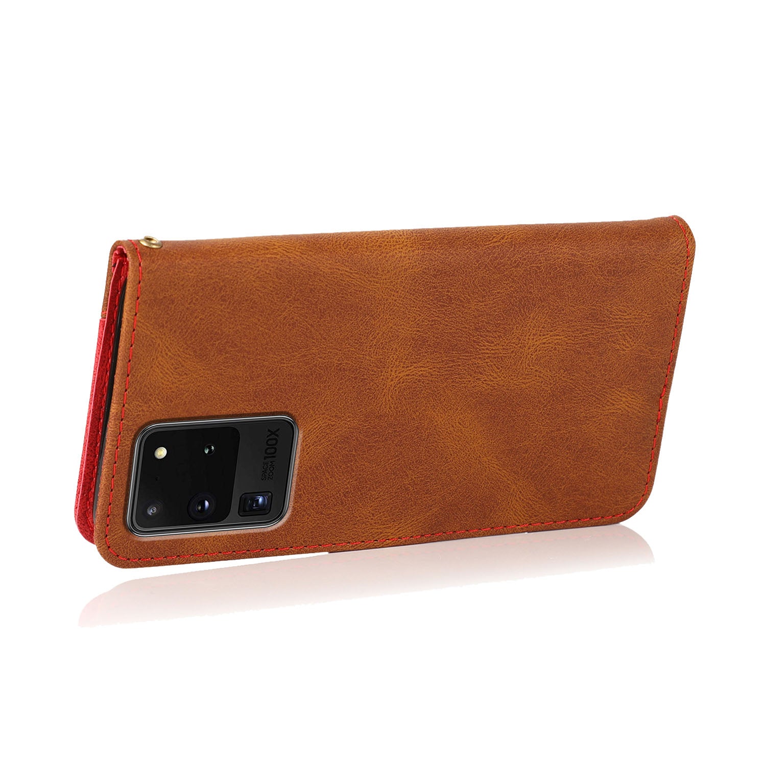 Anti-Drop Dual Color Anti-Scratch Wallet Design Leather Phone Case with Stand and Strap for Samsung Galaxy S20 Ultra - Brown/Red