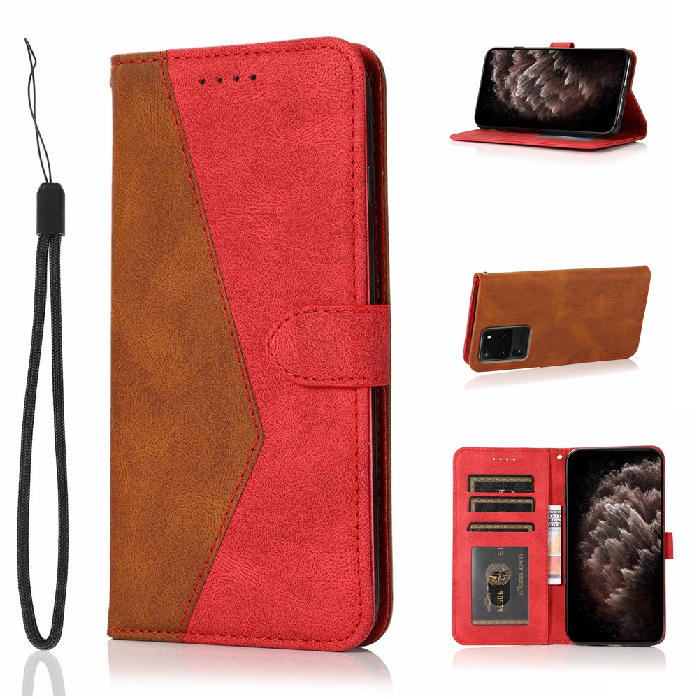 Anti-Drop Dual Color Anti-Scratch Wallet Design Leather Phone Case with Stand and Strap for Samsung Galaxy S20 Ultra - Brown/Red