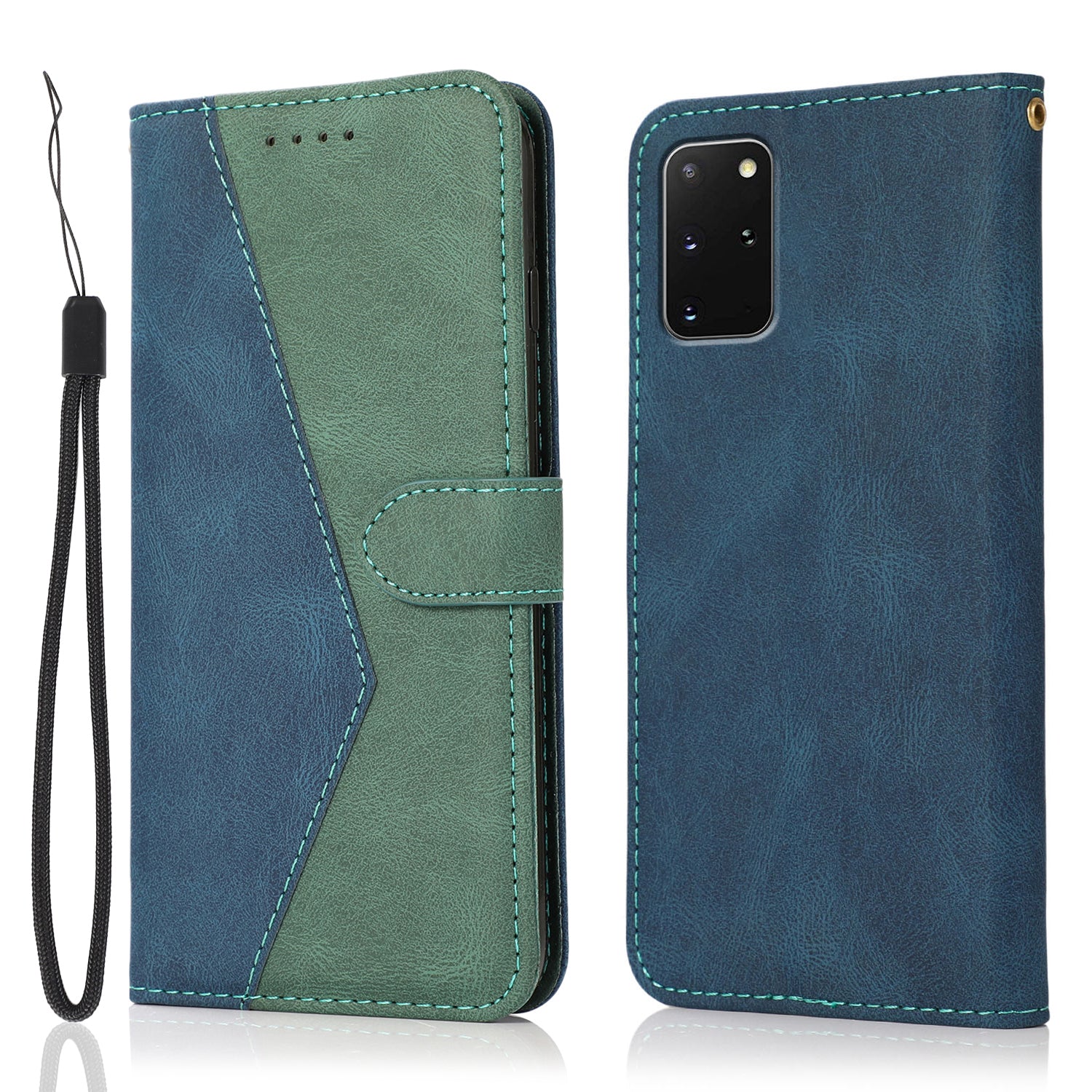 All-Round Protection Dual Color Anti-Drop Wallet Stand Design Leather Phone Case with Handy Strap for Samsung Galaxy S20 Plus 4G/5G - Blue/Green