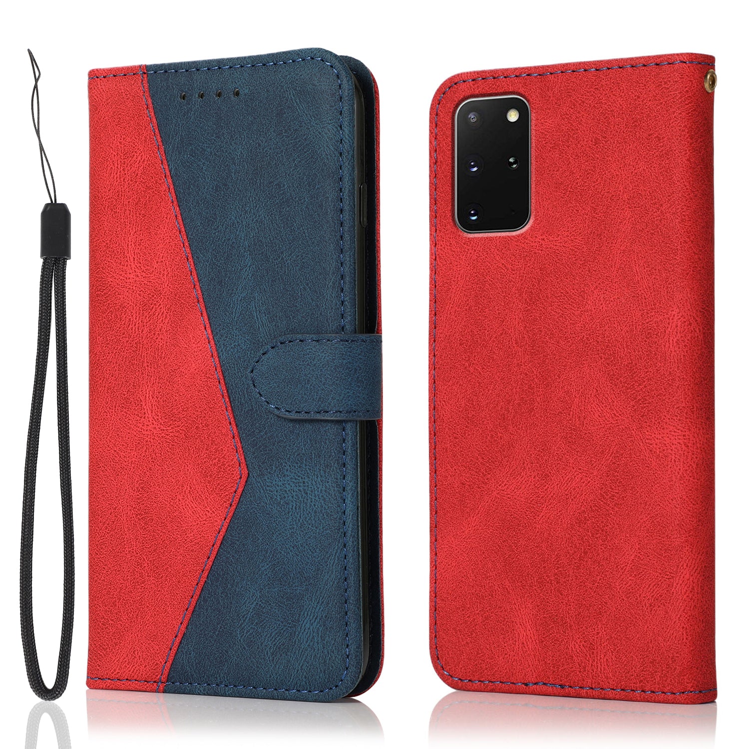 All-Round Protection Dual Color Anti-Drop Wallet Stand Design Leather Phone Case with Handy Strap for Samsung Galaxy S20 Plus 4G/5G - Red/Blue