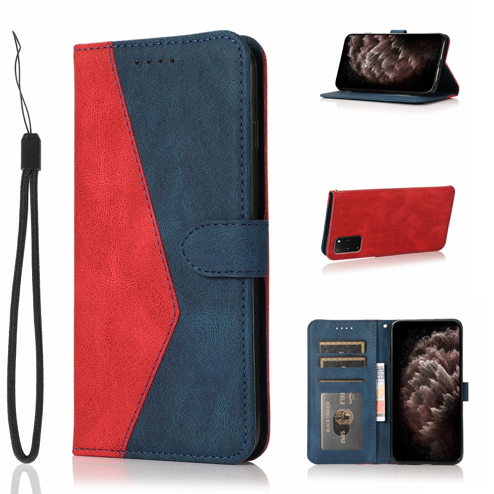 All-Round Protection Dual Color Anti-Drop Wallet Stand Design Leather Phone Case with Handy Strap for Samsung Galaxy S20 Plus 4G/5G - Red/Blue