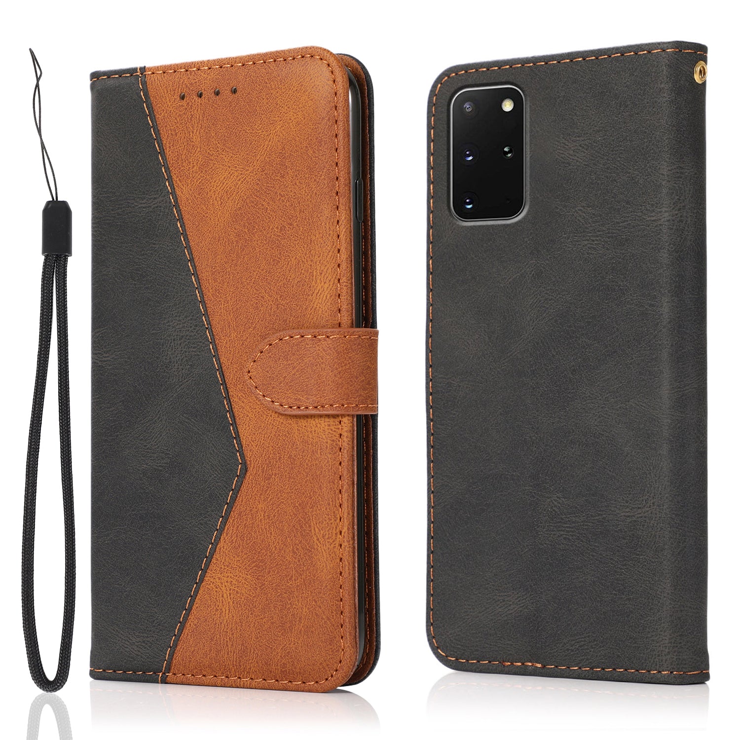 All-Round Protection Dual Color Anti-Drop Wallet Stand Design Leather Phone Case with Handy Strap for Samsung Galaxy S20 Plus 4G/5G - Black/Brown