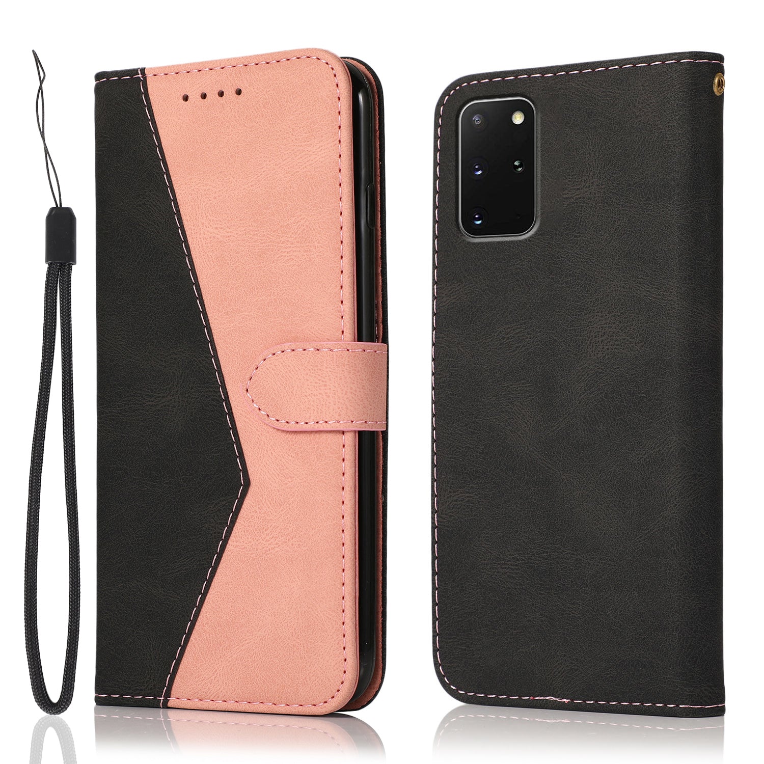 All-Round Protection Dual Color Anti-Drop Wallet Stand Design Leather Phone Case with Handy Strap for Samsung Galaxy S20 Plus 4G/5G - Black/Rose Gold