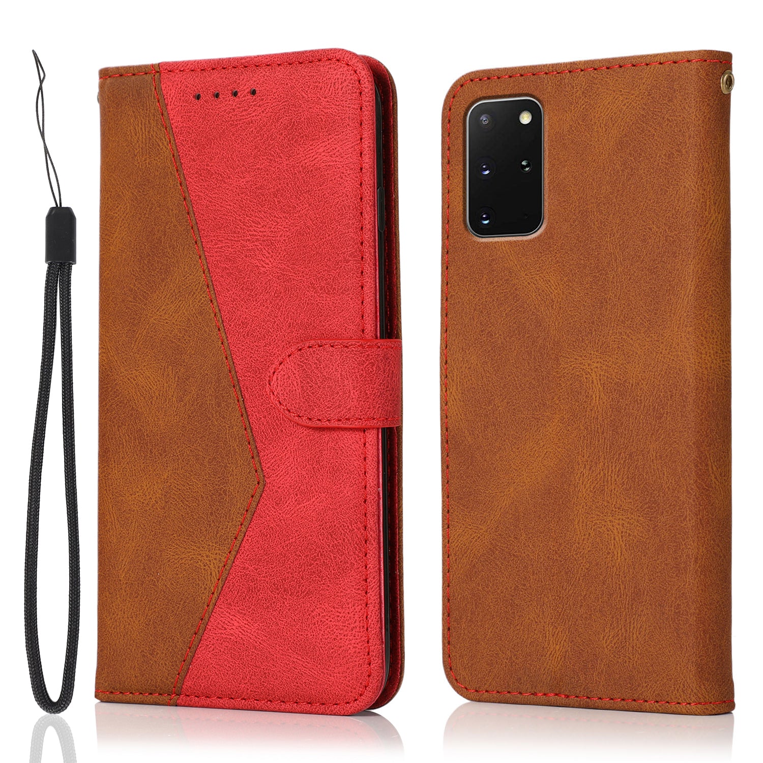 All-Round Protection Dual Color Anti-Drop Wallet Stand Design Leather Phone Case with Handy Strap for Samsung Galaxy S20 Plus 4G/5G - Brown/Red