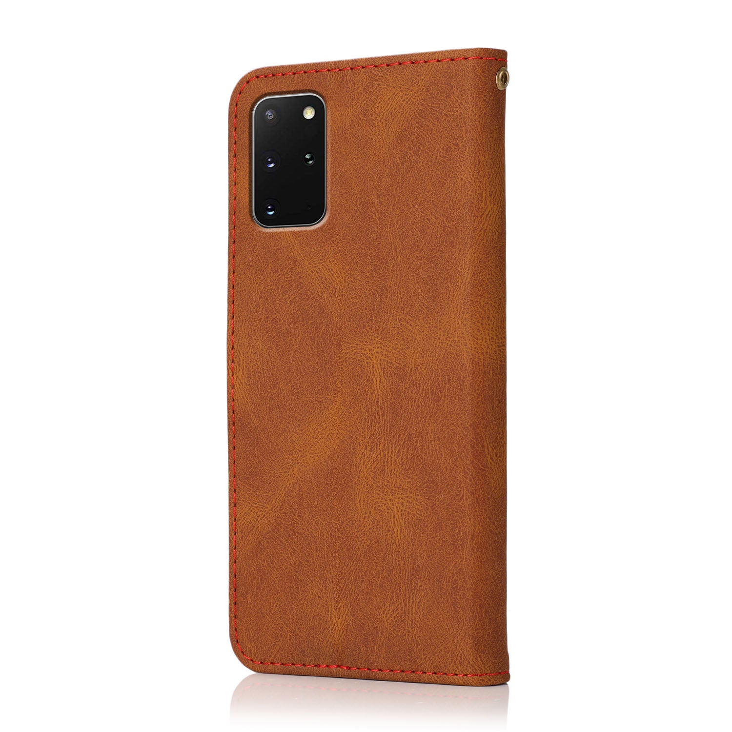 All-Round Protection Dual Color Anti-Drop Wallet Stand Design Leather Phone Case with Handy Strap for Samsung Galaxy S20 Plus 4G/5G - Brown/Red