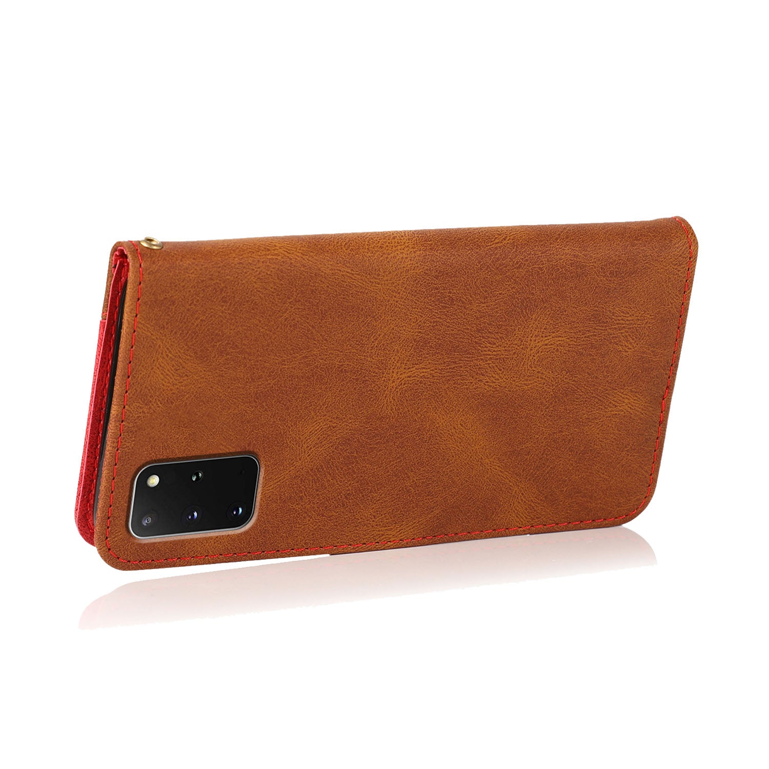 All-Round Protection Dual Color Anti-Drop Wallet Stand Design Leather Phone Case with Handy Strap for Samsung Galaxy S20 Plus 4G/5G - Brown/Red