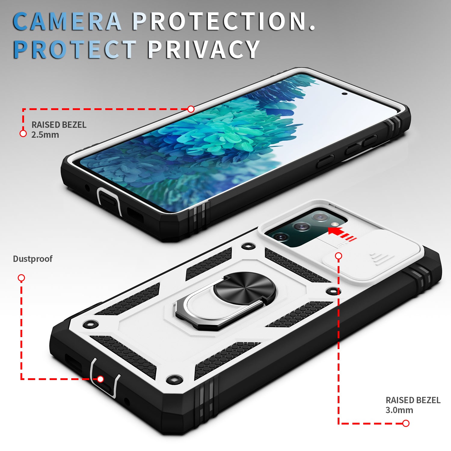 Camera Slider Design 3-in-1 TPU + PC + Metal Phone Cover Case for Samsung Galaxy S20 FE 2022/S20 FE 4G/S20 FE 5G/S20 Lite - White/Black