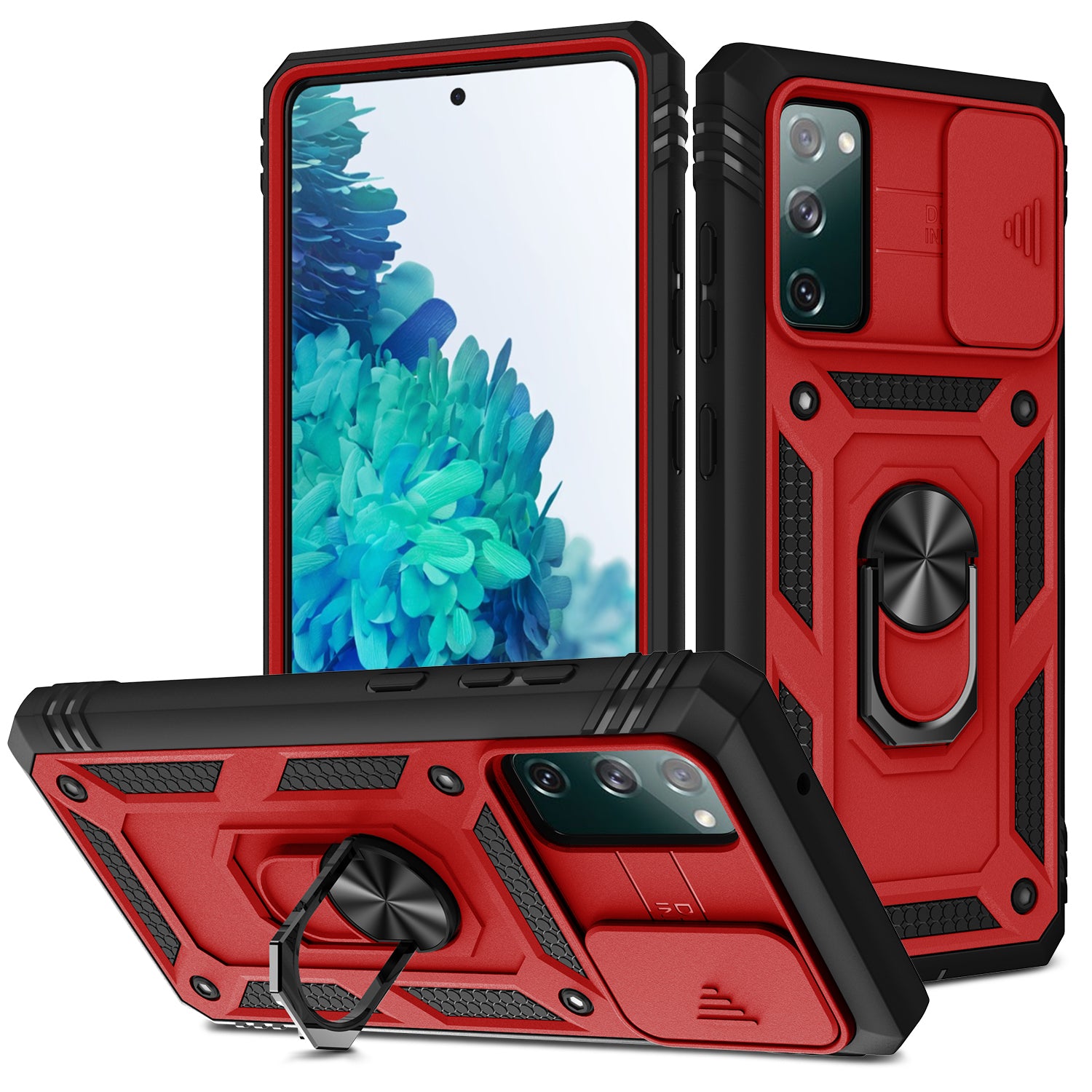 Camera Slider Design 3-in-1 TPU + PC + Metal Phone Cover Case for Samsung Galaxy S20 FE 2022/S20 FE 4G/S20 FE 5G/S20 Lite - Red/Black