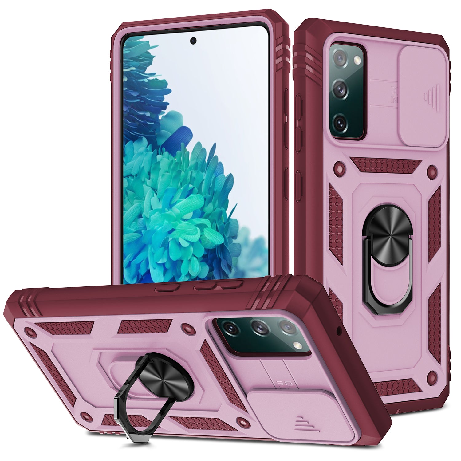 Camera Slider Design 3-in-1 TPU + PC + Metal Phone Cover Case for Samsung Galaxy S20 FE 2022/S20 FE 4G/S20 FE 5G/S20 Lite - Pink