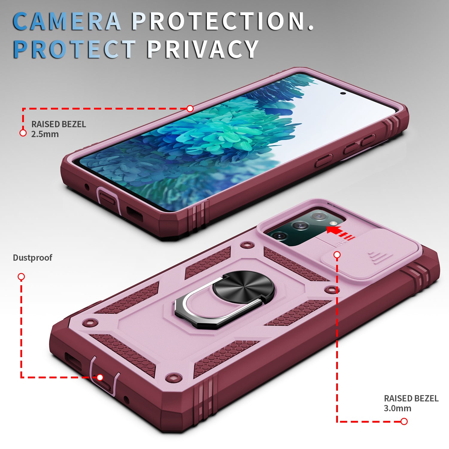 Camera Slider Design 3-in-1 TPU + PC + Metal Phone Cover Case for Samsung Galaxy S20 FE 2022/S20 FE 4G/S20 FE 5G/S20 Lite - Pink