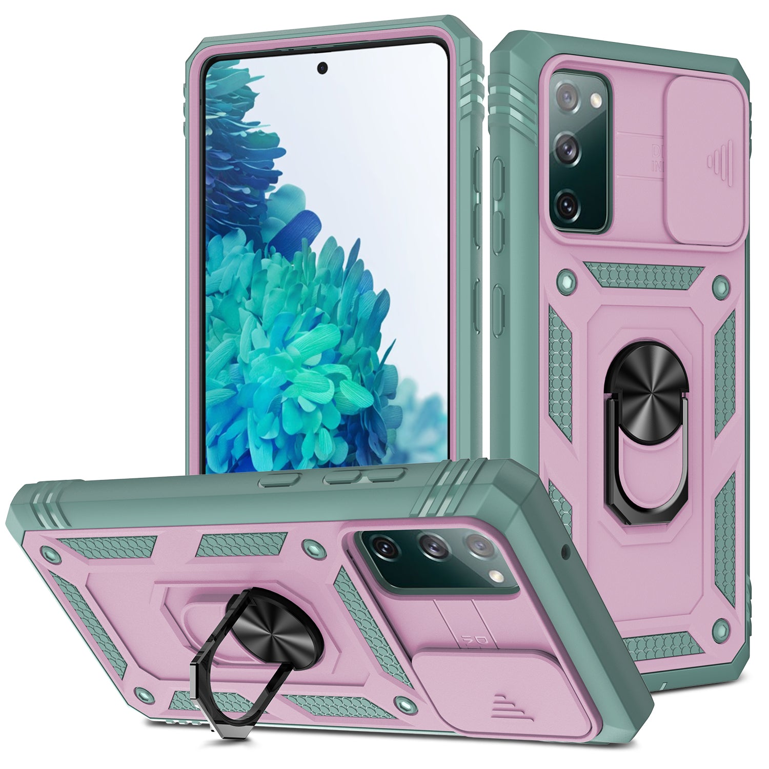 Camera Slider Design 3-in-1 TPU + PC + Metal Phone Cover Case for Samsung Galaxy S20 FE 2022/S20 FE 4G/S20 FE 5G/S20 Lite - Pink/Green