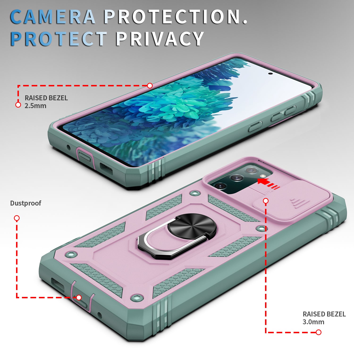 Camera Slider Design 3-in-1 TPU + PC + Metal Phone Cover Case for Samsung Galaxy S20 FE 2022/S20 FE 4G/S20 FE 5G/S20 Lite - Pink/Green