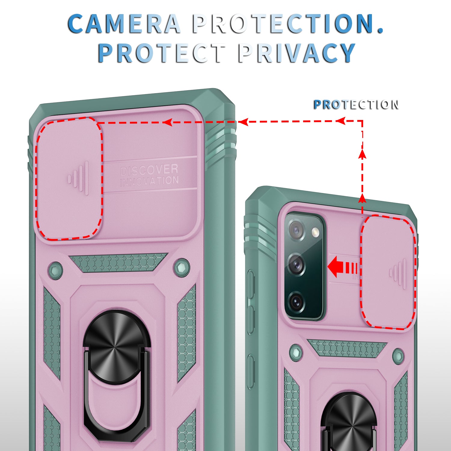 Camera Slider Design 3-in-1 TPU + PC + Metal Phone Cover Case for Samsung Galaxy S20 FE 2022/S20 FE 4G/S20 FE 5G/S20 Lite - Pink/Green